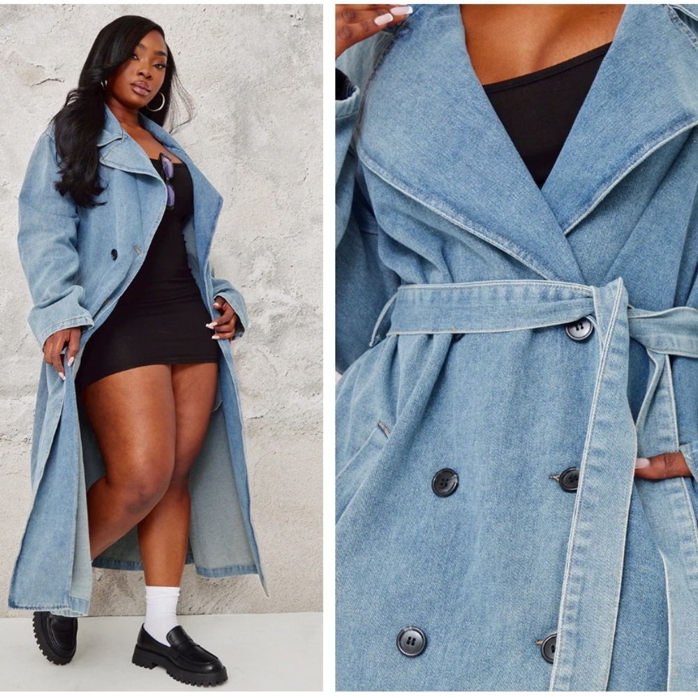 PRETTYLITTLETHING Plus Vintage Blue Denim Button Front Belted Trench Coat size26